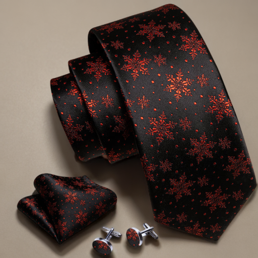 Christmas Black Red Snowflake Novelty Mens Necktie Hanky Cufflinks Set