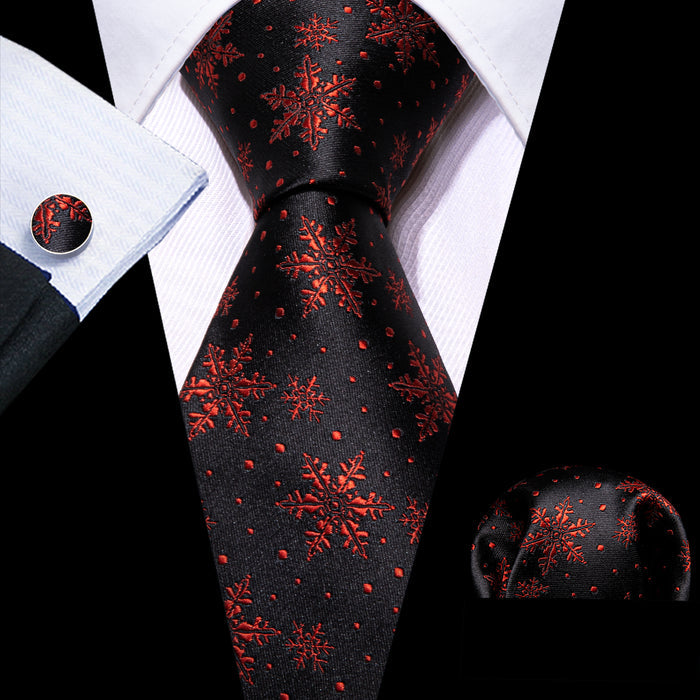 Christmas Black Red Snowflake Novelty Mens Necktie Hanky Cufflinks Set