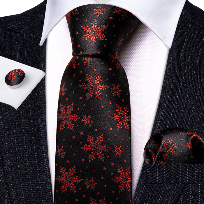 Christmas Black Red Snowflake Novelty Mens Necktie Hanky Cufflinks Set